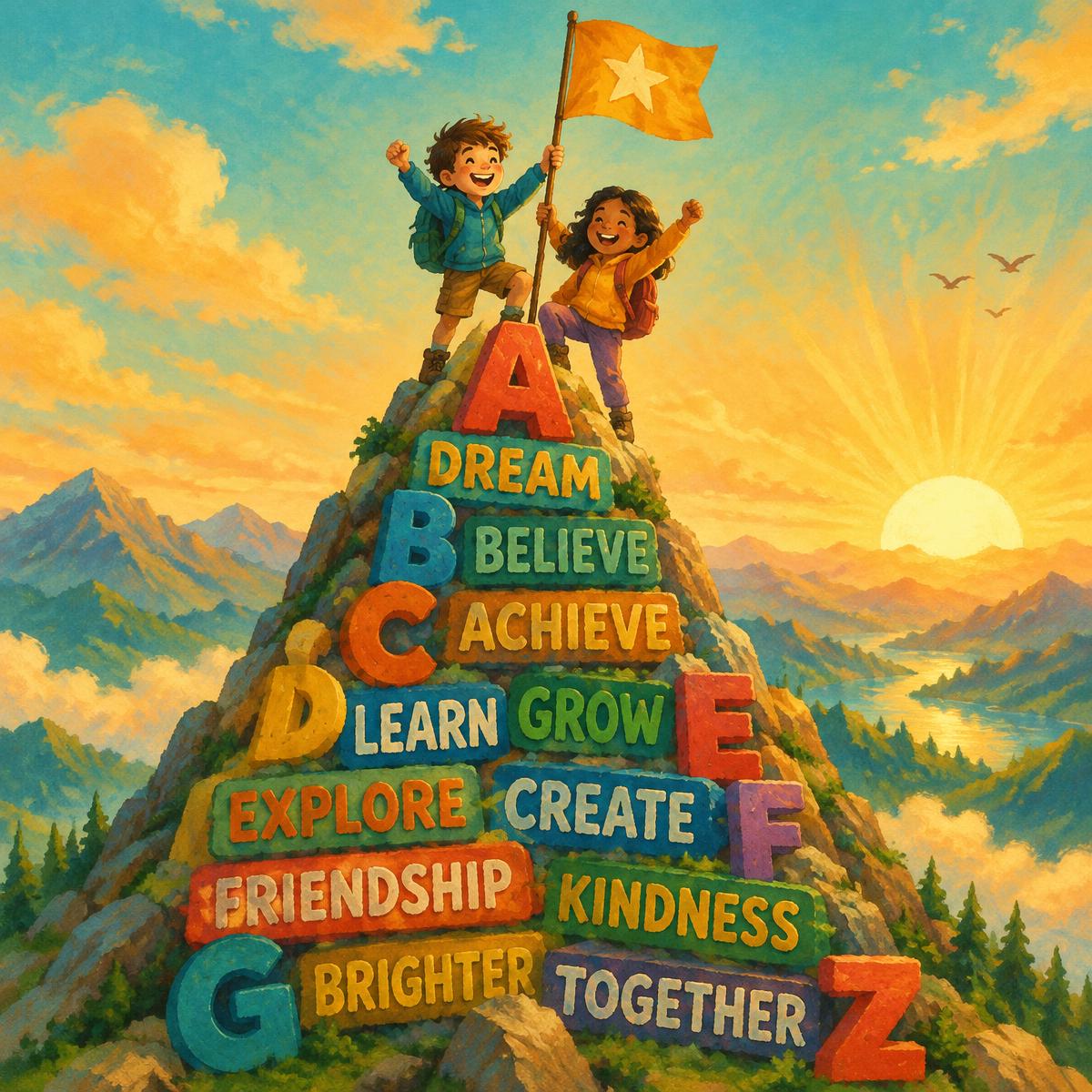 Two kids cheering at the top of a mountain of letters