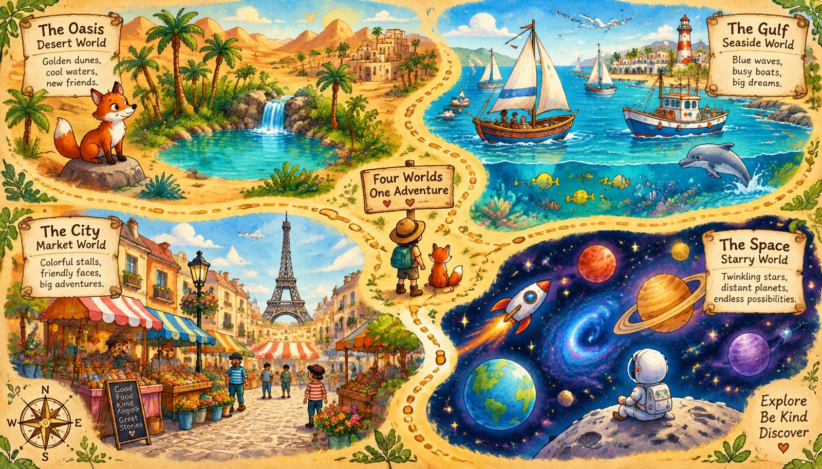 Illustrated map: oasis, Gulf seaside, city market and space
